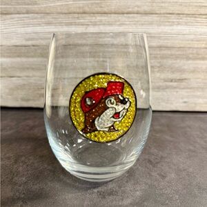 Clear stimulus wine glass with Bucees Rhinestone Design